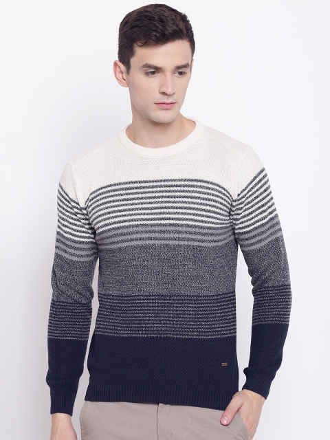 

Blackberrys Men Off-White & Navy Blue Striped Sweater