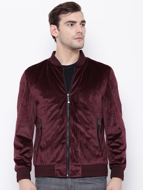 

Blackberrys Men Burgundy Solid Velvet Finish Bomber Jacket