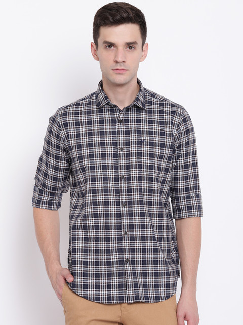 

Blackberrys Men Navy Blue & Brown Slim Fit Checked Casual Shirt