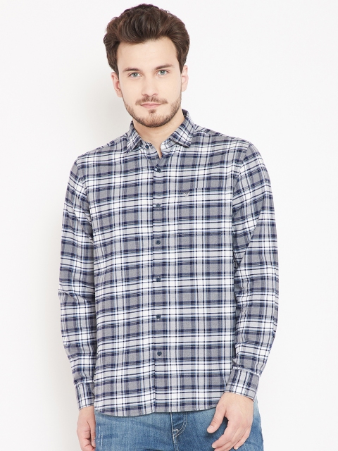 

Blackberrys Men White & Navy Blue Slim Fit Checked Casual Shirt