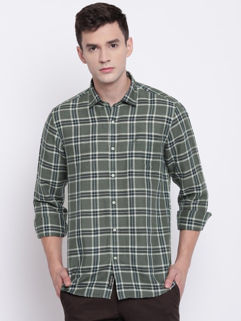 

Blackberrys Men Olive Green & Off-White Slim Fit Checked Casual Shirt
