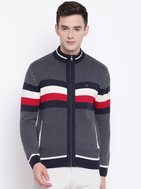 

Blackberrys Men Navy Blue & Red Self Design Front-Open Sweater