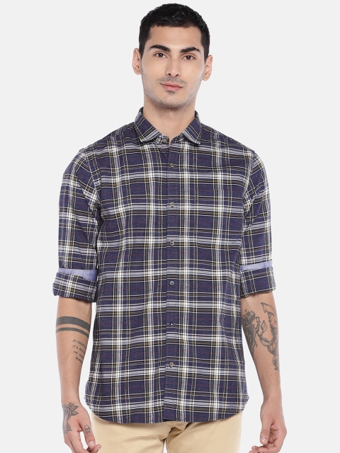 

Blackberrys Men Navy Blue & White Slim Fit Checked Casual Shirt
