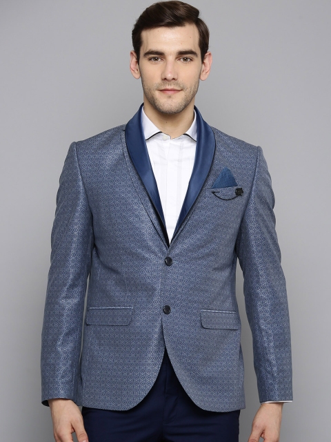 

Blackberrys Men Navy Blue Printed Slim Fit Convertible Collar Partywear Tuxedo