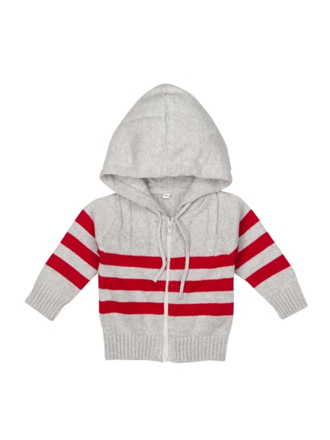 

MeeMee Boys Grey Melange & Red Striped Front-Open Woolen Sweater