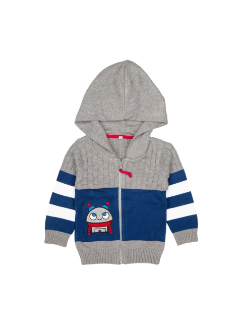 

MeeMee Boys Grey & Blue Colourblocked Front-Open Woolen Sweater