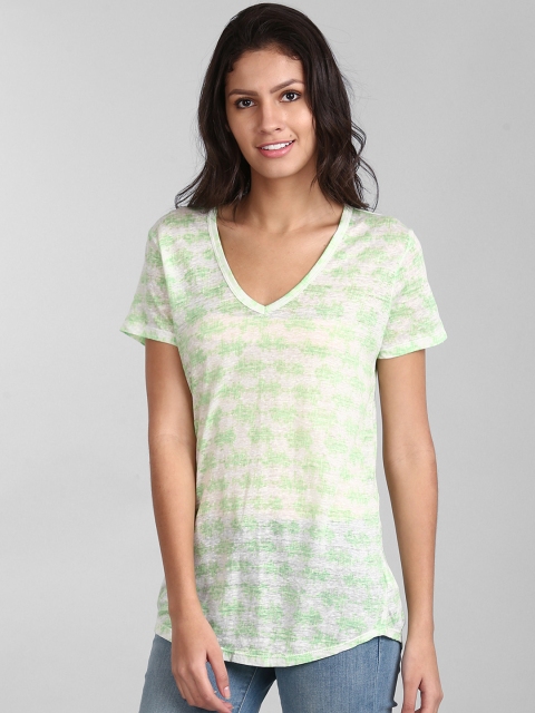 

GAP Women Lime Green Print Linen T-Shirt