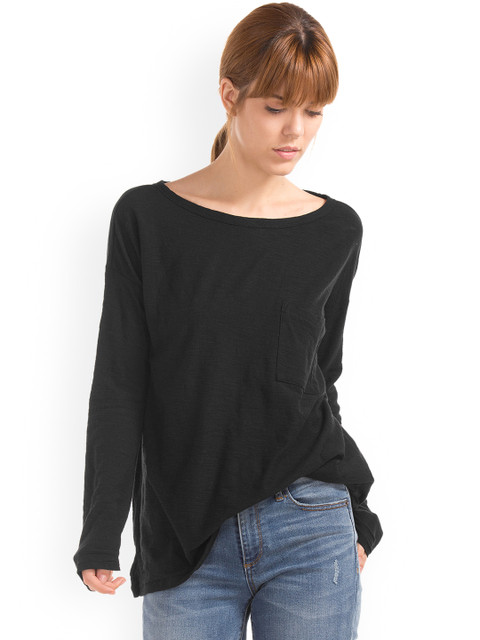 

GAP Women Black Boat Neck Long Sleeve T-Shirt