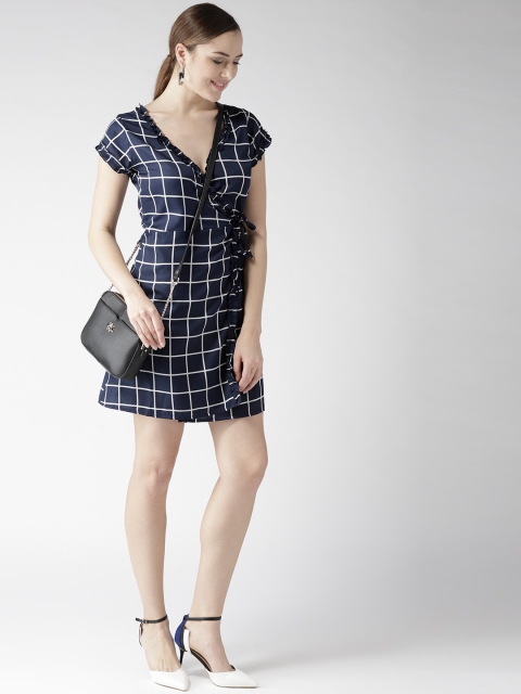 

U&F Women Navy Blue & White Checked Wrap Dress