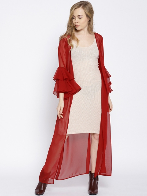 

MABISH by Sonal Jain Maroon Solid Sheer Longline Open Front Shrug
