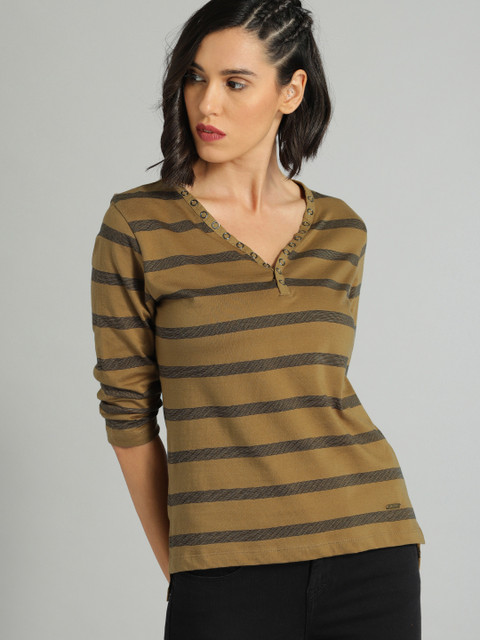 

Roadster Fast and Furious Women Olive Green & Black Striped Pure Cotton Top