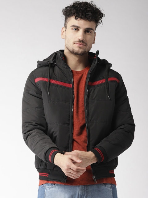 

Fort Collins Men Black Solid Varsity Jacket with Detachable Hood