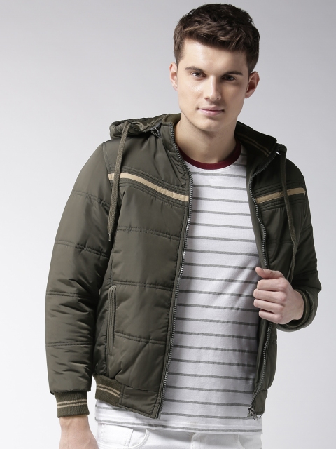 

Fort Collins Men Olive Green Solid Hooded Varsity Jacket