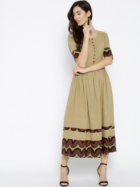 

Sringam Women Khaki Solid Midi A-Line Dress