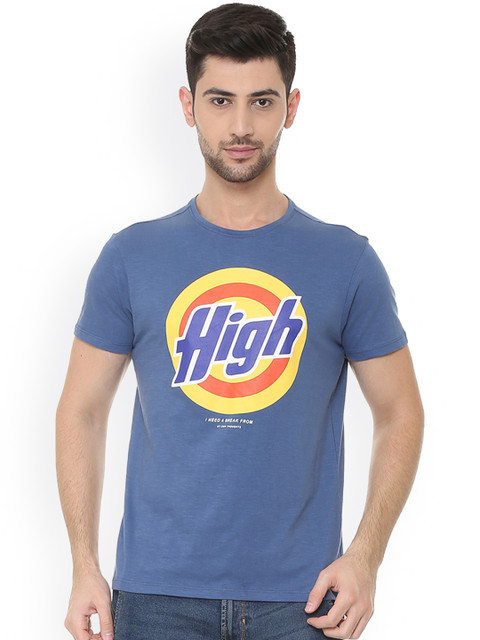 

People Men Blue Printed Round Neck T-shirt