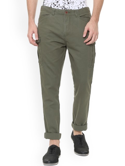 

People Men Olive Green Regular Fit Solid Cargos