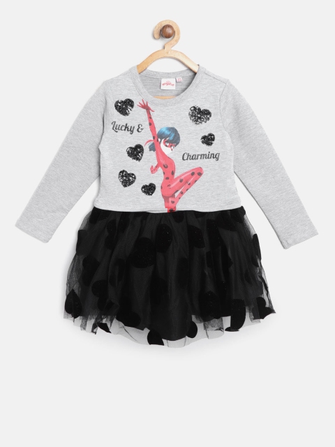 

OVS Girls Grey Melange & Black Printed Fit and Flare Dress