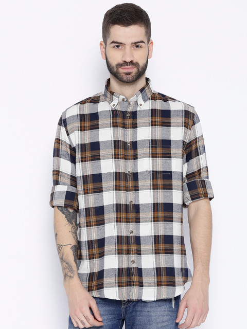

OVS Men Off-White & Olive Brown Regular Fit Checked Casual Shirt