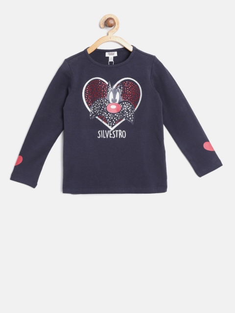 

OVS Girls Navy Blue Printed Round Neck T-shirt