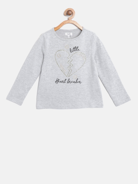 

OVS Girls Grey Melange Printed Round Neck T-shirt