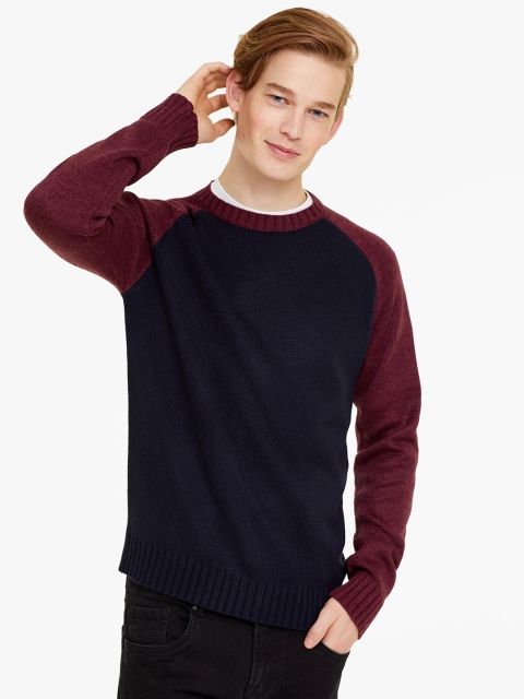 

OVS Men Navy Blue & Burgundy Solid Pullover