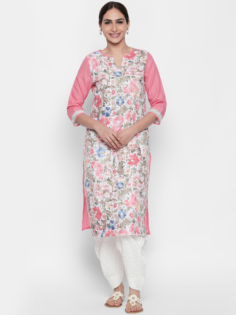 

Naari Women Pink & White Floral Printed Straight Kurta