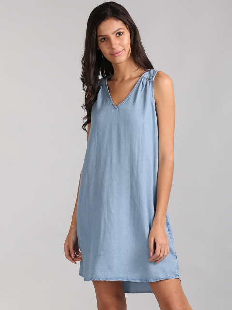 

GAP Women Blue Tencel Sleeveless V-Neck Shift Dress