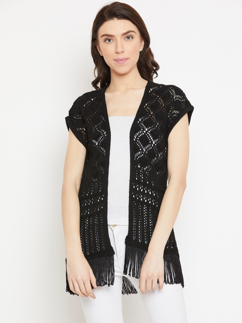 

Duke Women Black Open Knit Fringed Front-Open Sweater