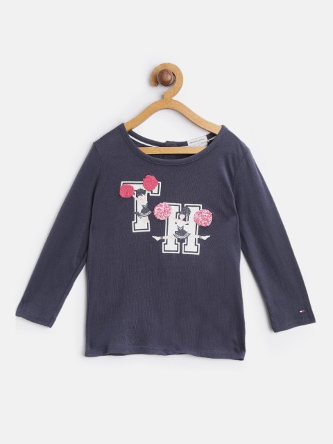 

Tommy Hilfiger Girls Navy Blue Printed Round Neck Pure Cotton T-shirt