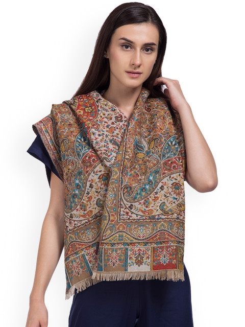 

SHINGORA Women Beige & Multicoloured Woven Design Woollen Shawl