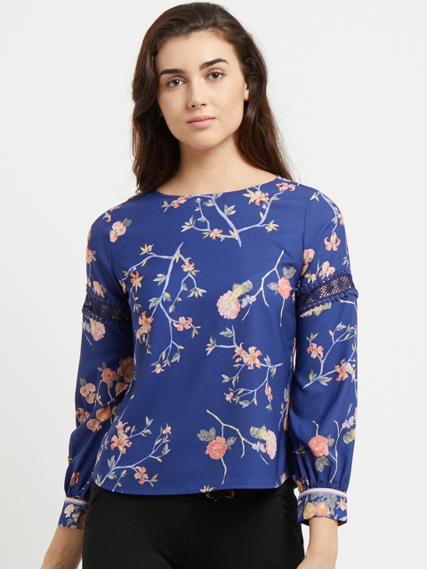 

109F Navy Blue Floral Top With Long Sleeves