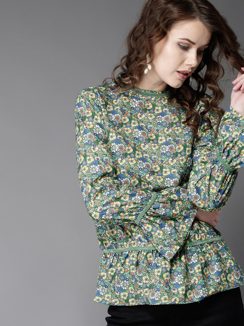 

Moda Rapido Women Green & Yellow Floral Print Cinched Top