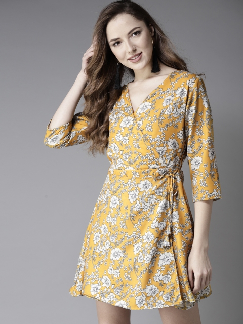 

Moda Rapido Women Mustard Yellow & White Printed Wrap Dress