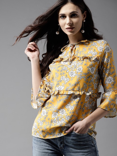 

Moda Rapido Women Mustard Yellow & White Printed A-Line Top