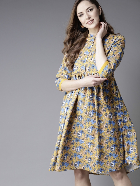 

Moda Rapido Women Mustard Yellow & Blue Printed Empire Dress
