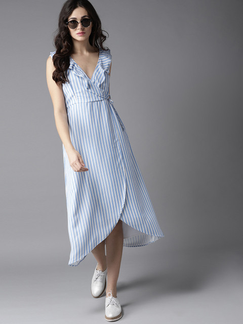 

Moda Rapido Women Blue & White Striped Midi Wrap Dress
