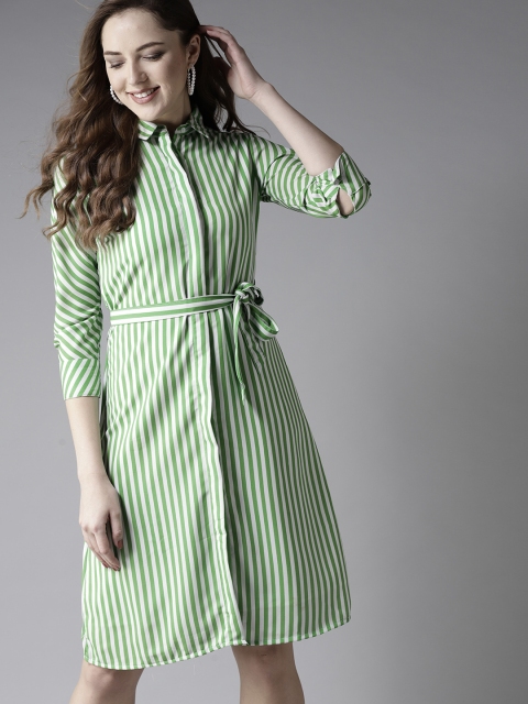 

Moda Rapido Women Green & White Striped Shirt Dress