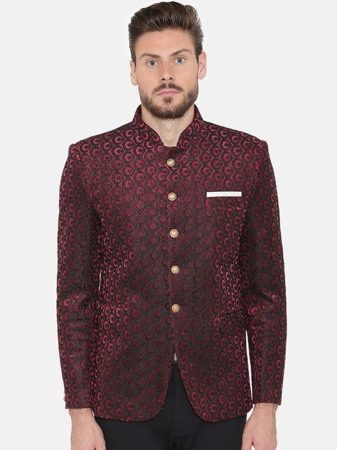 

Wintage Men Maroon Self-Design Velvet Bandhgala Blazer