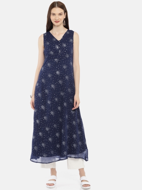 

IMARA Women Navy Blue Printed A-Line Kurta