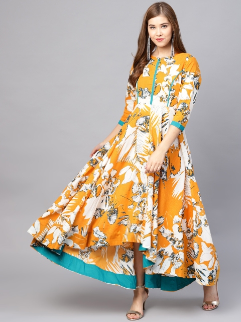 

Rain & Rainbow Women Mustard Yellow & White Floral Print Maxi Dress