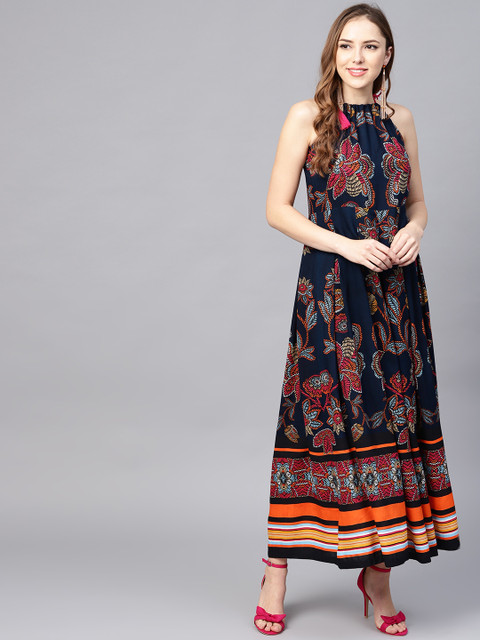 

Rain & Rainbow Women Navy Blue Printed Maxi Dress