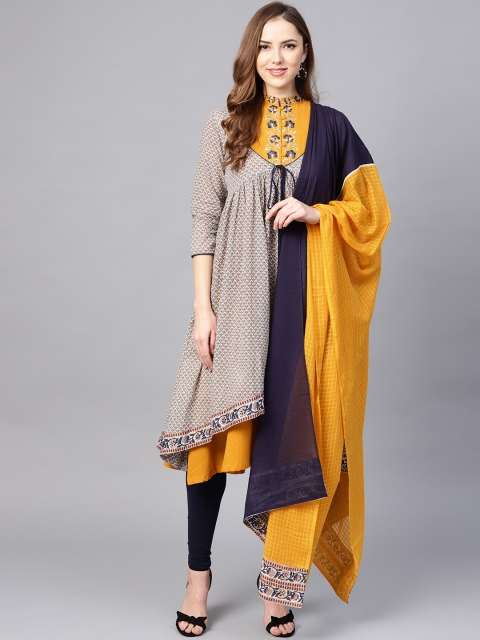 

Rain & Rainbow Women Mustard Yellow & Navy Blue Printed Kurta with Churidar & Dupatta