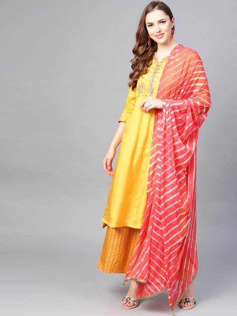 

Rain & Rainbow Women Mustard Yellow & Coral Red Yoke Design Kurta with Palazzos & Dupatta