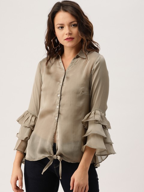 

IMARA Women Beige Solid Semi-Sheer Shirt Style Top