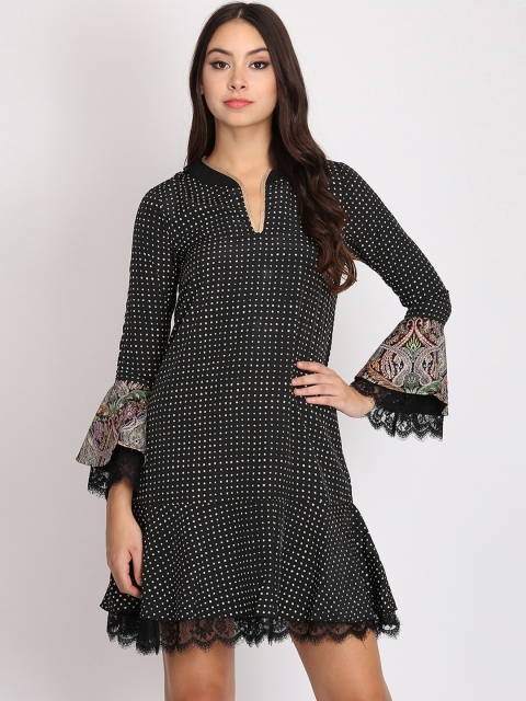 

NIZA Women Black Printed Drop-Waist Bell Sleeves Dress