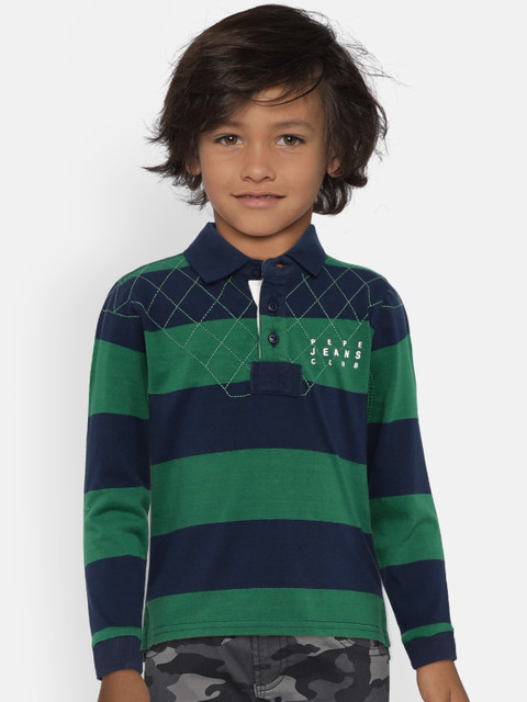 

Pepe Jeans Boys Green & Navy Blue Striped Polo Collar T-shirt