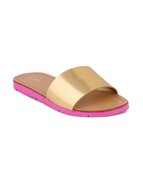 

ALDO Women Gunmetal-Toned Solid Synthetic Patent Open Toe Flats, Metallic