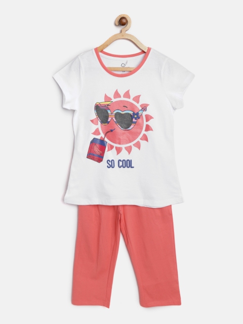 

Sweet Dreams Girls White & Orange Printed Night suit