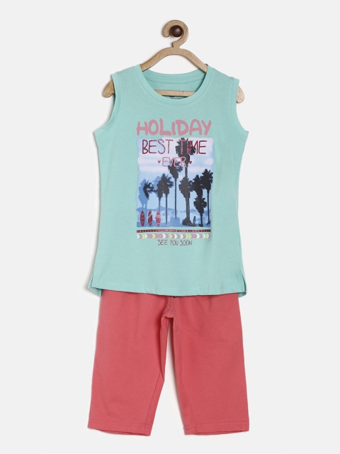 

Sweet Dreams Girls Sea Green & Pink Printed Night suit 613218