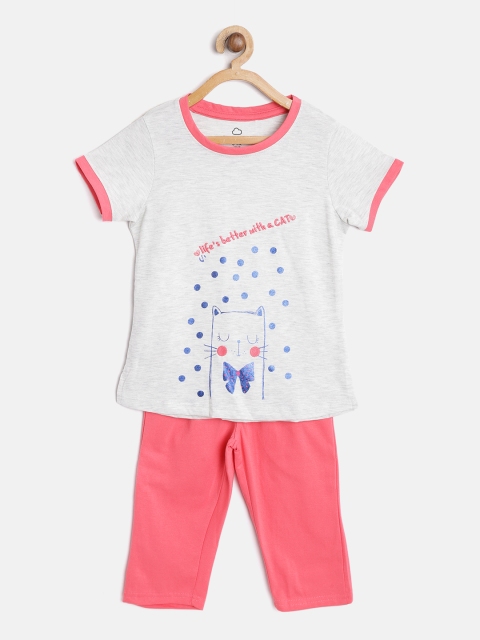 

Sweet Dreams Girls Off-White & Pink Printed Night suit
